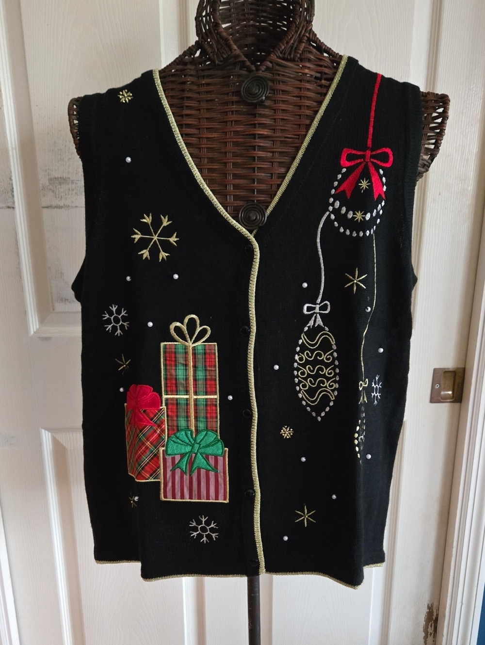 Black Holiday Embroidered Vest with Presents & Ornaments